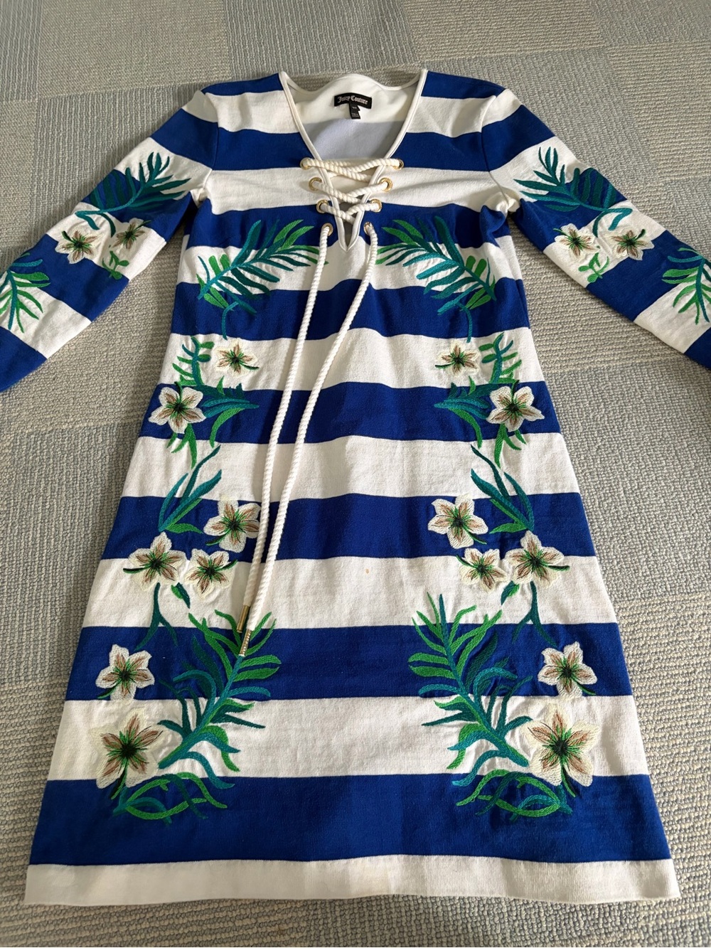 J. McLaughlin Blue and White Striped Floral Lace-Up Midi Dress